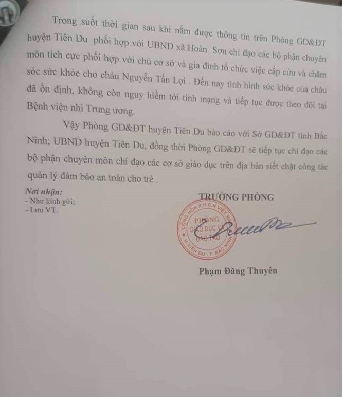 Báo cáo của Phòng GD&ĐT huyện Tiên Du về vụ việc bỏ quên trẻ 3 tuổi trên xe ô tô đưa đón